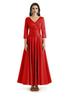 Elegant Soft Satin 3/4 Sleeves V-Neck Ankle Length Mother of The Bride Dresses