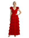Mother of The Bride Dresses V-Neck Sleeveless Satin Tiered Maxi Gown Unique Flower Detailed Formal Wedding Event Attire