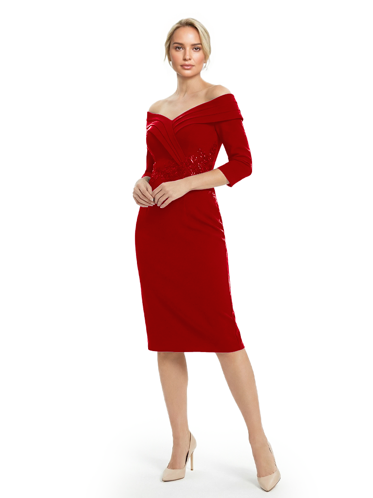 Mother of The Groom Dresses Off The Shoulder 3/4 Sleeve Satin Sheath Midi Dress Pretty Lace Detailed Formal Bridal Party Attire