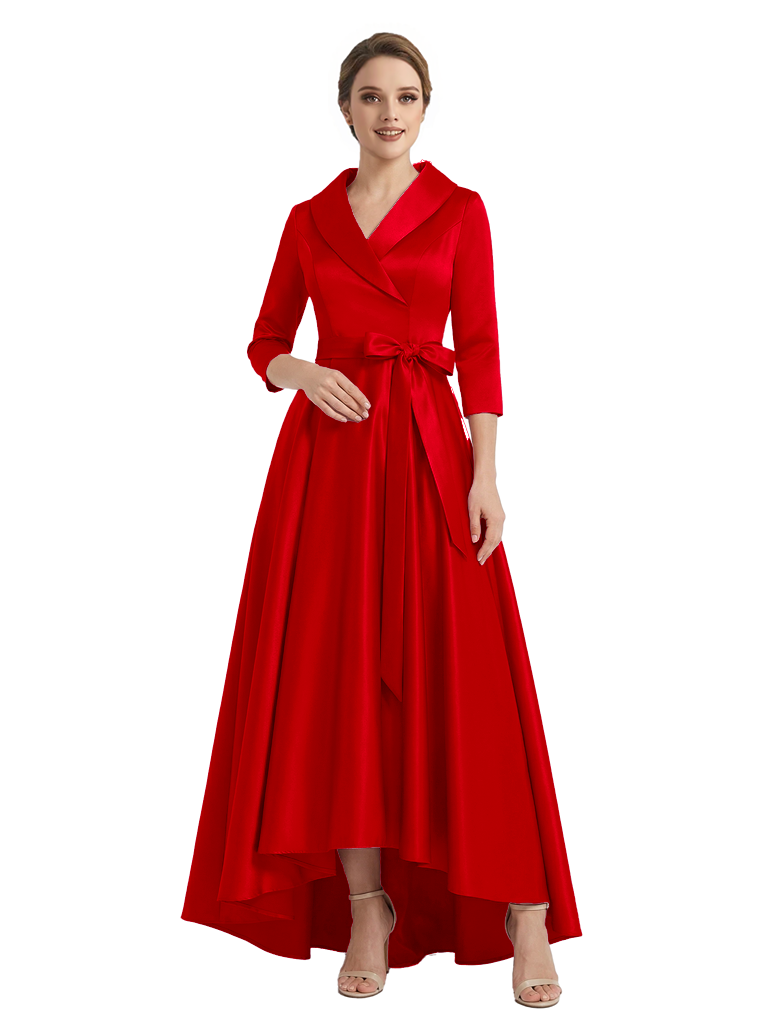 Modern High-Low 3/4 Sleeves Satin Mother Of The Bride Dress With Bow Knot