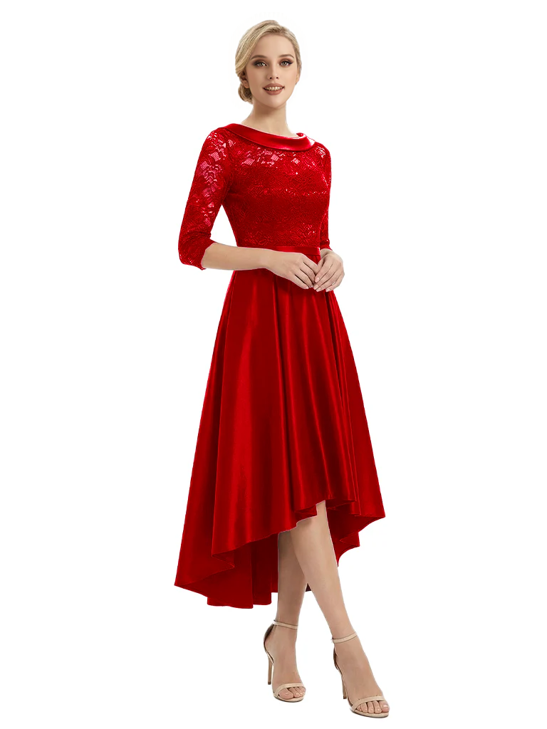 Elegant Boat Neck Satin Lace Mother Of The Bride Dresses High-Low A-Line Gowns