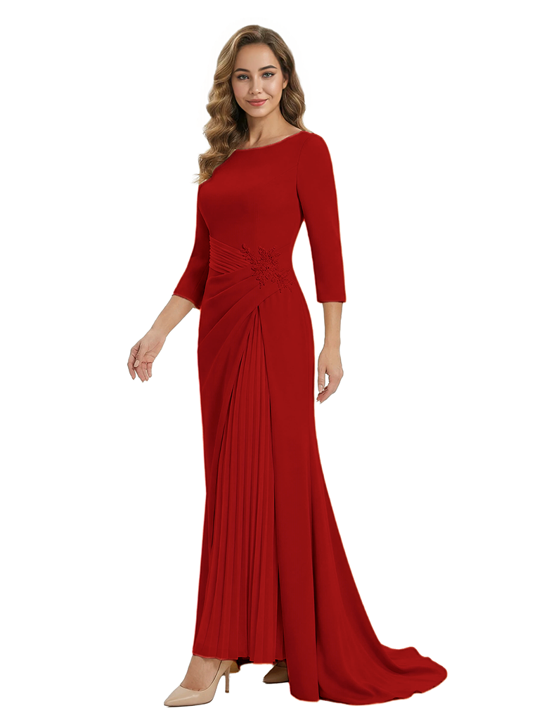 Mother of The Groom Dress Elegant Crew Scoop 3/4 Sleeve Crepe Maxi Gown Pleated Detail Classy Look