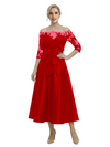 Unique Off Shoulder Tea-Length Satin Mother Of The Bride Dress With Lace Illusion