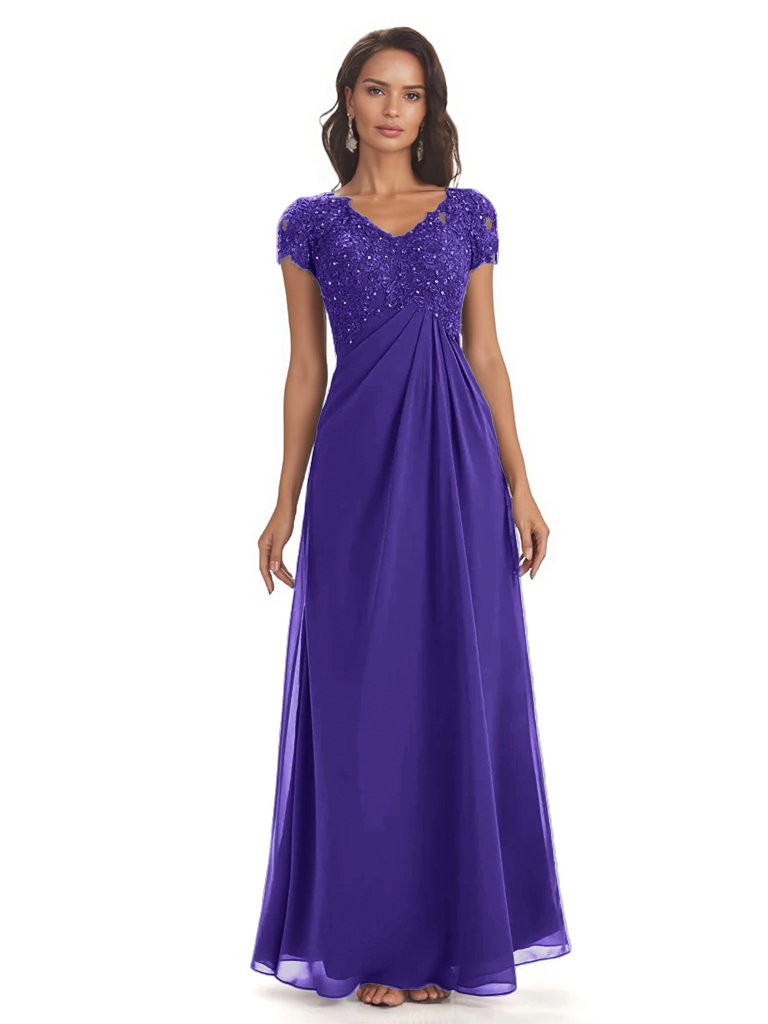 Elegant Short Sleeves Beaded Pleats A-line Floor-Length Mother of The Bride Dresses