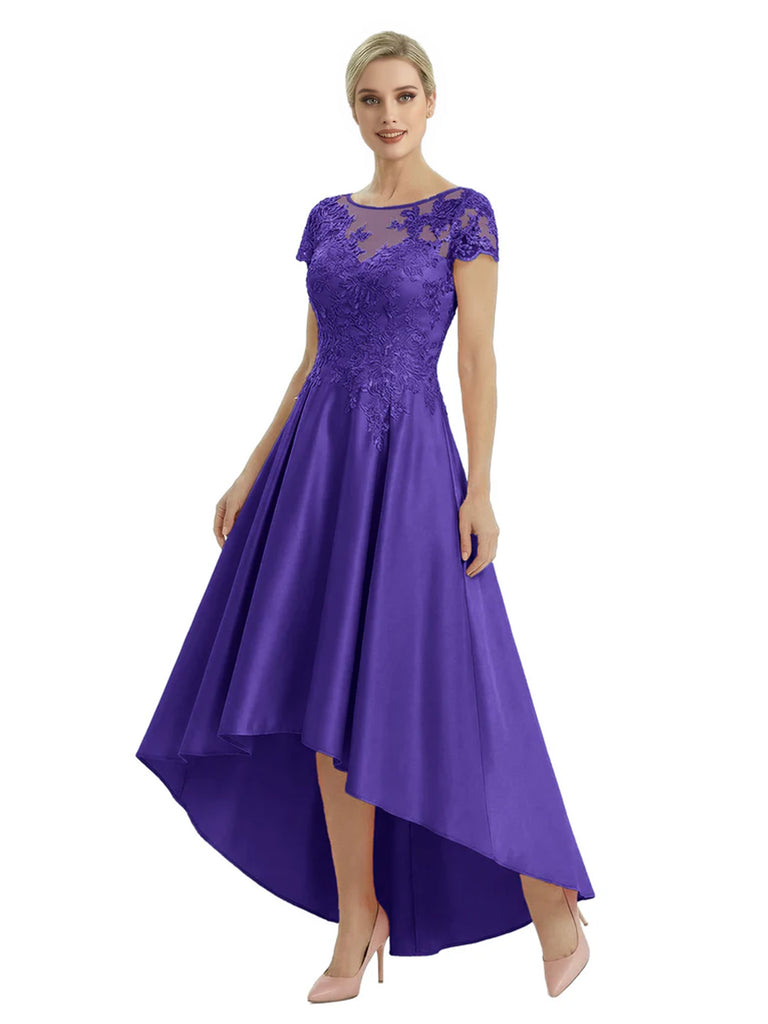 Elegant Mother of The Bride Dress Scoop Short Sleeve Lace Satin High-Low A-Line Gown