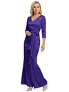 Mother of The Bride Dress Elegant V-Neck 3/4 Sleeve Satin Trumpet Maxi Gown