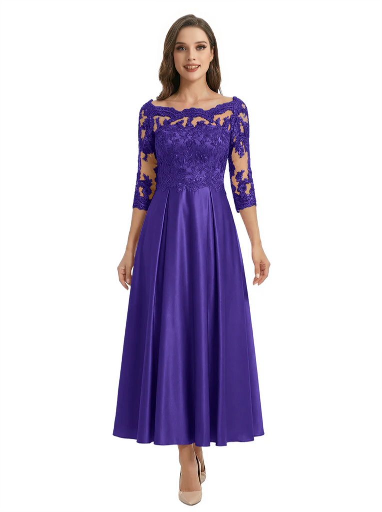 Mother of The Groom Dress Off Shoulder 3/4 Sleeve Lace Satin Midi Gown Classy Pleated