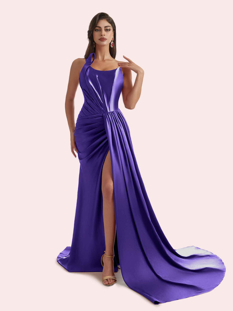 Sexy Mermaid Pleats Side Slit One Shoulder Soft Satin Long Bridesmaid Dress For Wedding Sexy Mermaid Pleats Side Slit One Shoulder Soft Satin Long Bridesmaid Dress For Wedding