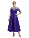 Unique Off Shoulder Tea-Length Satin Mother Of The Bride Dress With Lace Illusion