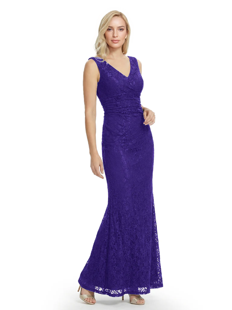 Mother of The Bride Dresses V-Neck Sleeveless Lace Mermaid Maxi Gown Elegant Flowy Formal Wedding Event Dress