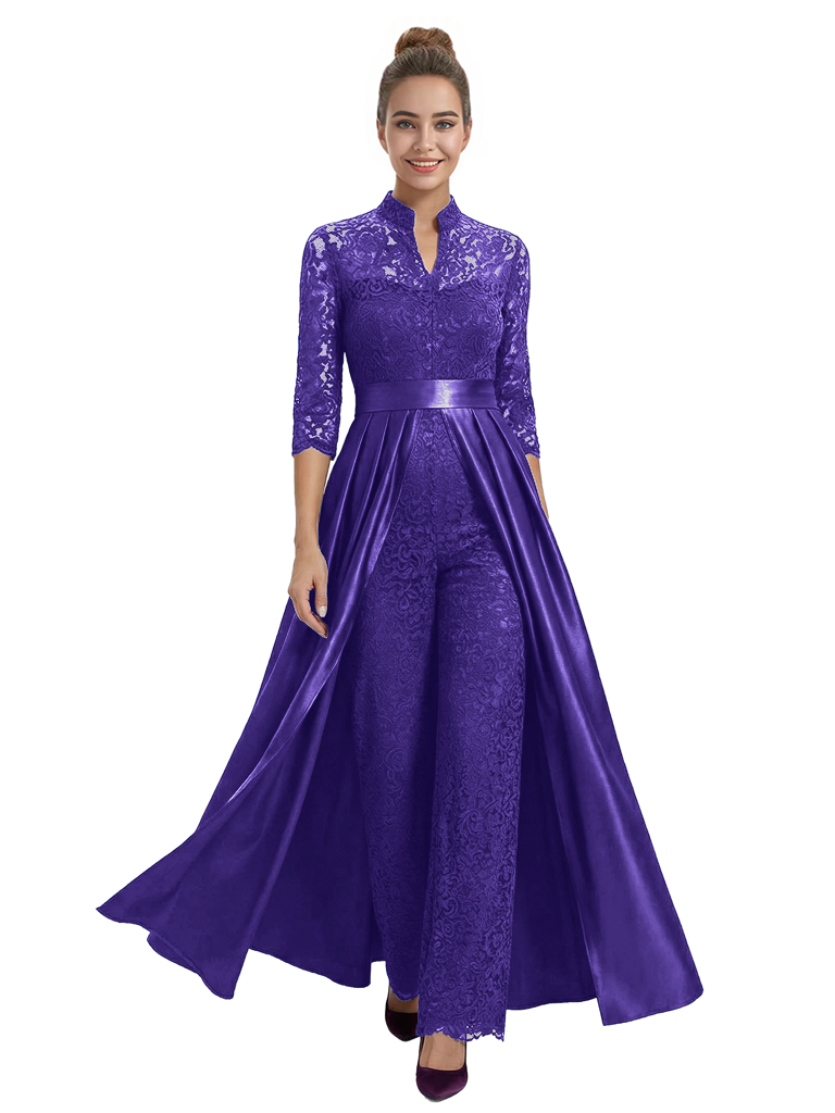 Mother of The Groom Outfit V-Neck 3/4 Sleeve Lace Pantsuit Satin Overskirt