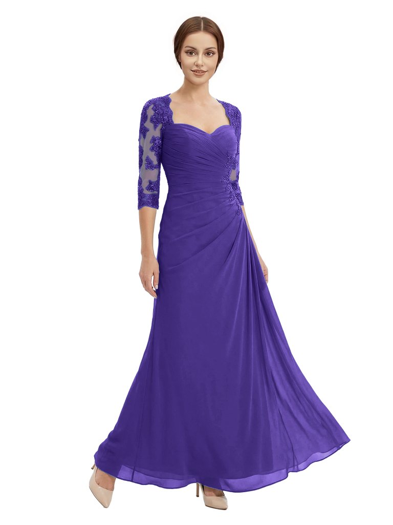 Sweetheart Ruched Lace 3/4 Sleeves A-Line Chiffon Mother Of The Groom Dress