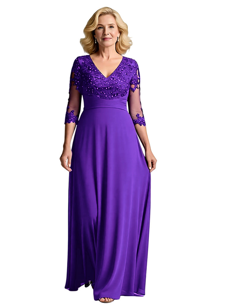 Elegant V-neck Half Sleeves A-line Chiffon Long Mother of the Brides Dresses