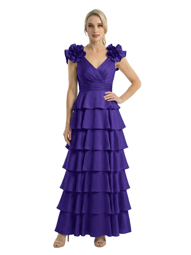 Mother of The Bride Dresses V-Neck Sleeveless Satin Tiered Maxi Gown Unique Flower Detailed Formal Wedding Event Attire