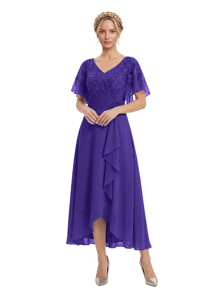 Unique Flutter Sleeves Lace Beaded Short Mother of the Groom Dresses