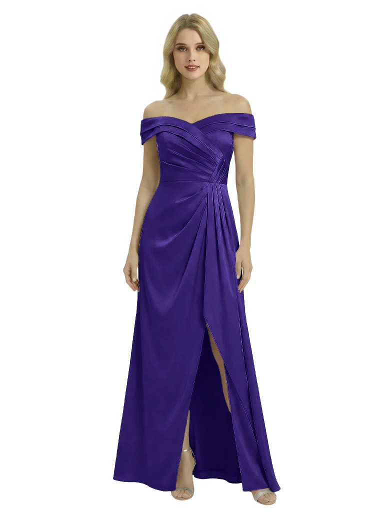 Off The Shoulder Mother Of The Groom Dresses Side Slit Satin Ruched A-Line Gown