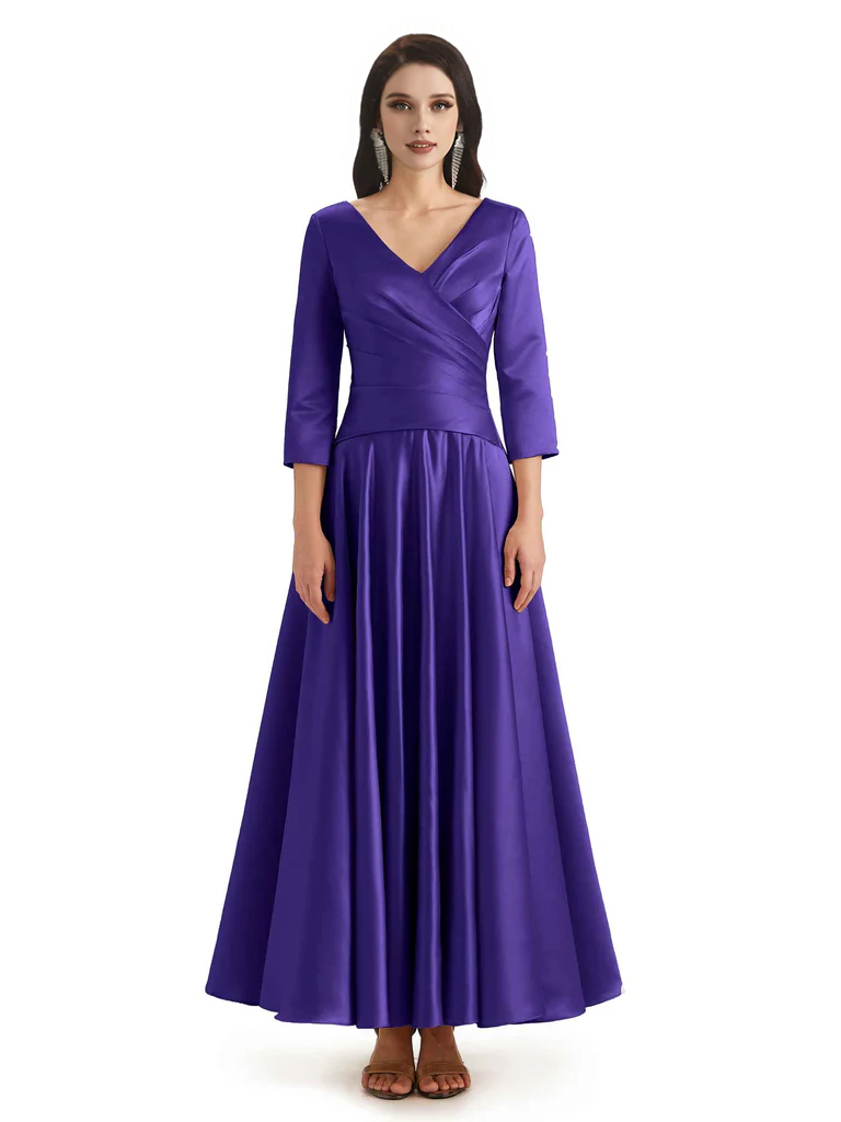 Elegant Soft Satin 3/4 Sleeves V-Neck Ankle Length Mother of The Bride Dresses