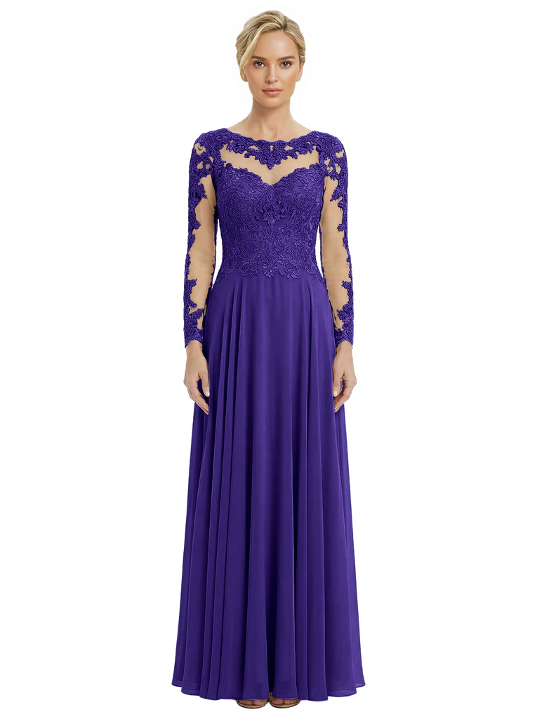 Mother of The Bride Dresses Scoop Long Sleeve Lace Chiffon Maxi Gown Pretty Embroidered Formal Wedding Event Attire