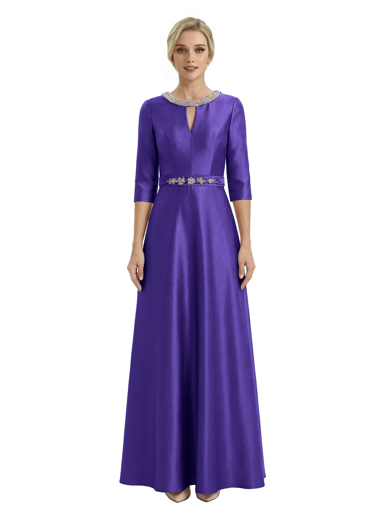 Sophisticated 3/4 Sleeves Beaded A-Line Satin Mother Of The Bride Dress
