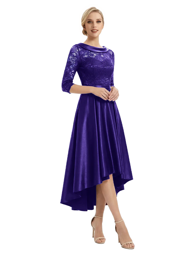 Elegant Boat Neck Satin Lace Mother Of The Bride Dresses High-Low A-Line Gowns