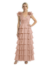 Mother of The Bride Dresses V-Neck Sleeveless Satin Tiered Maxi Gown Unique Flower Detailed Formal Wedding Event Attire