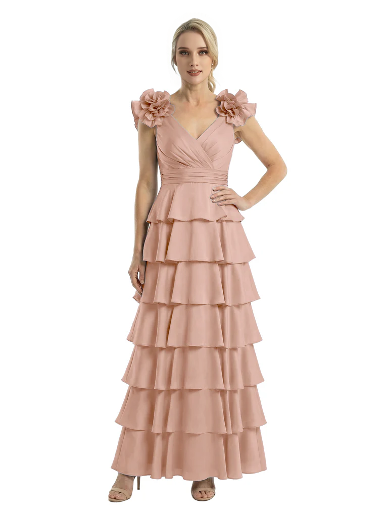 Mother of The Bride Dresses V-Neck Sleeveless Satin Tiered Maxi Gown Unique Flower Detailed Formal Wedding Event Attire