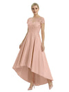 Elegant Mother of The Bride Dress Scoop Short Sleeve Lace Satin High-Low A-Line Gown