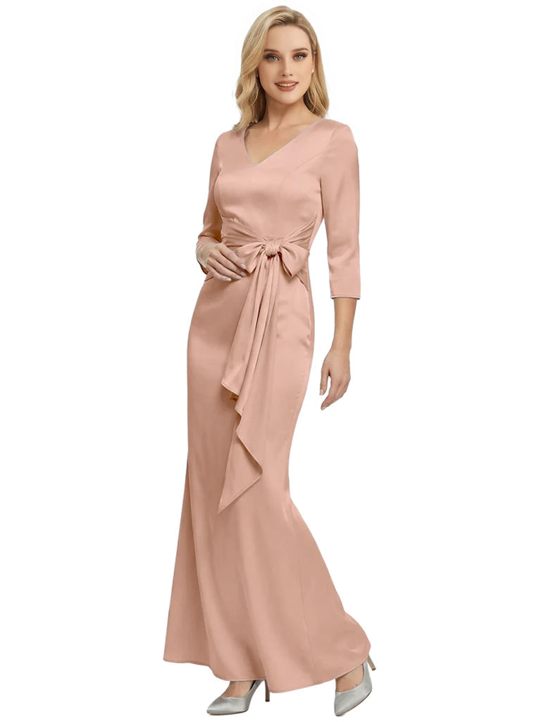 Mother of The Bride Dress Elegant V-Neck 3/4 Sleeve Satin Trumpet Maxi Gown