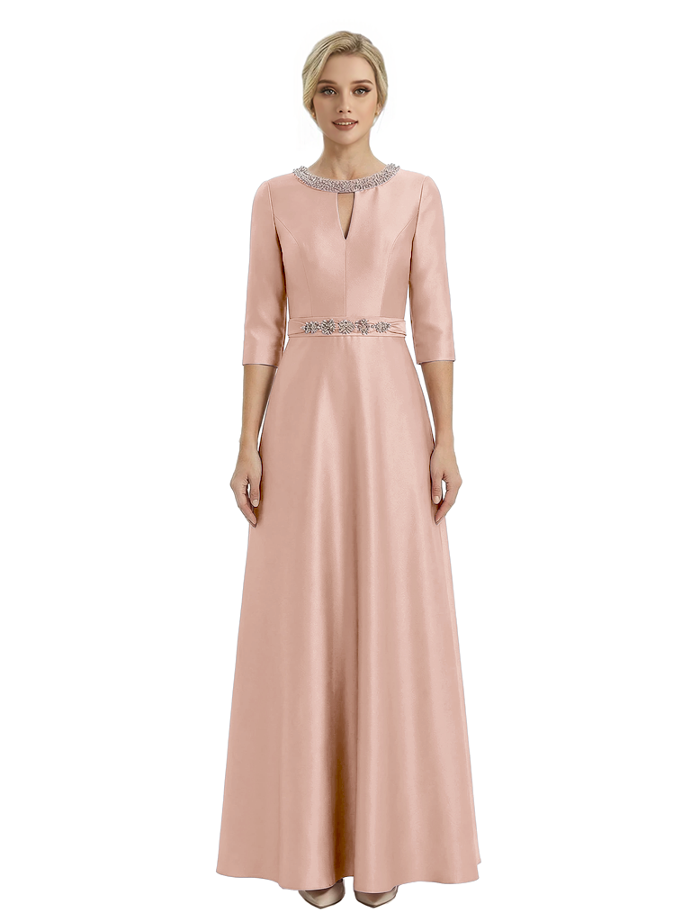 Sophisticated 3/4 Sleeves Beaded A-Line Satin Mother Of The Bride Dress