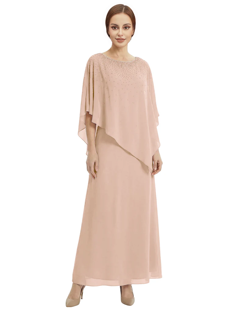 Classy Beaded Chiffon Overlay Poncho Style Mother of the Bride Gown