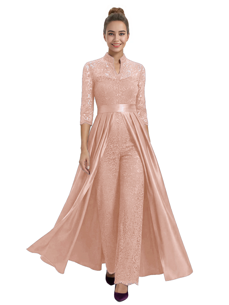 Mother of The Groom Outfit V-Neck 3/4 Sleeve Lace Pantsuit Satin Overskirt