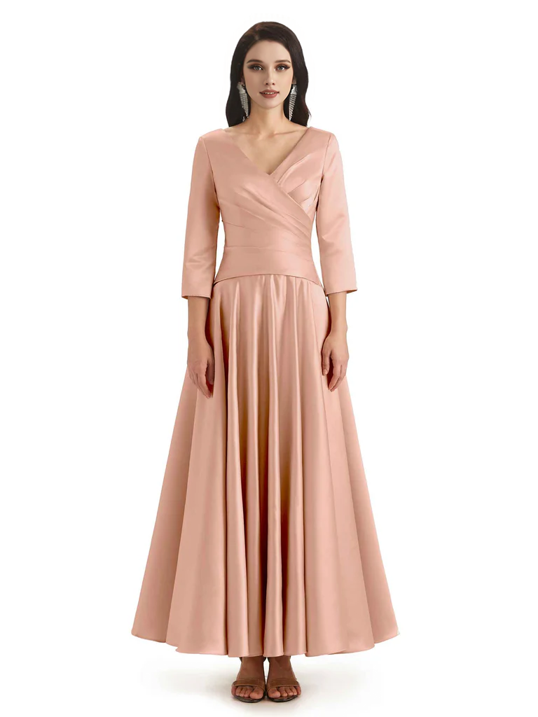 Elegant Soft Satin 3/4 Sleeves V-Neck Ankle Length Mother of The Bride Dresses