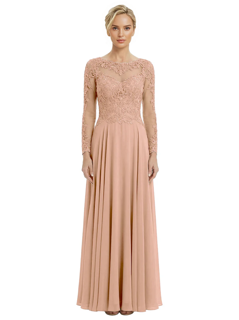 Mother of The Bride Dresses Scoop Long Sleeve Lace Chiffon Maxi Gown Pretty Embroidered Formal Wedding Event Attire