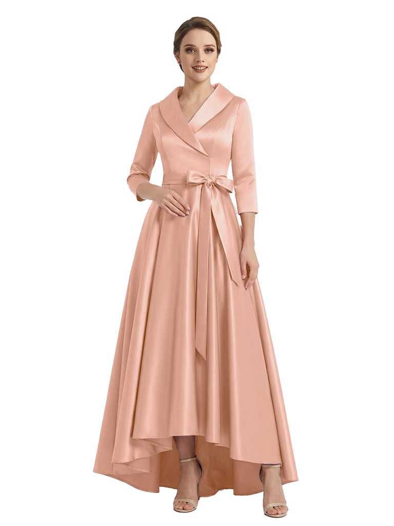Modern High-Low 3/4 Sleeves Satin Mother Of The Bride Dress With Bow Knot