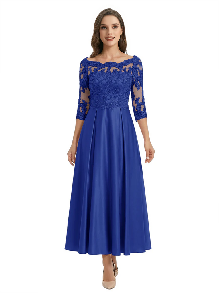 Mother of The Groom Dress Off Shoulder 3/4 Sleeve Lace Satin Midi Gown Classy Pleated