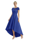 Elegant Mother of The Bride Dress Scoop Short Sleeve Lace Satin High-Low A-Line Gown