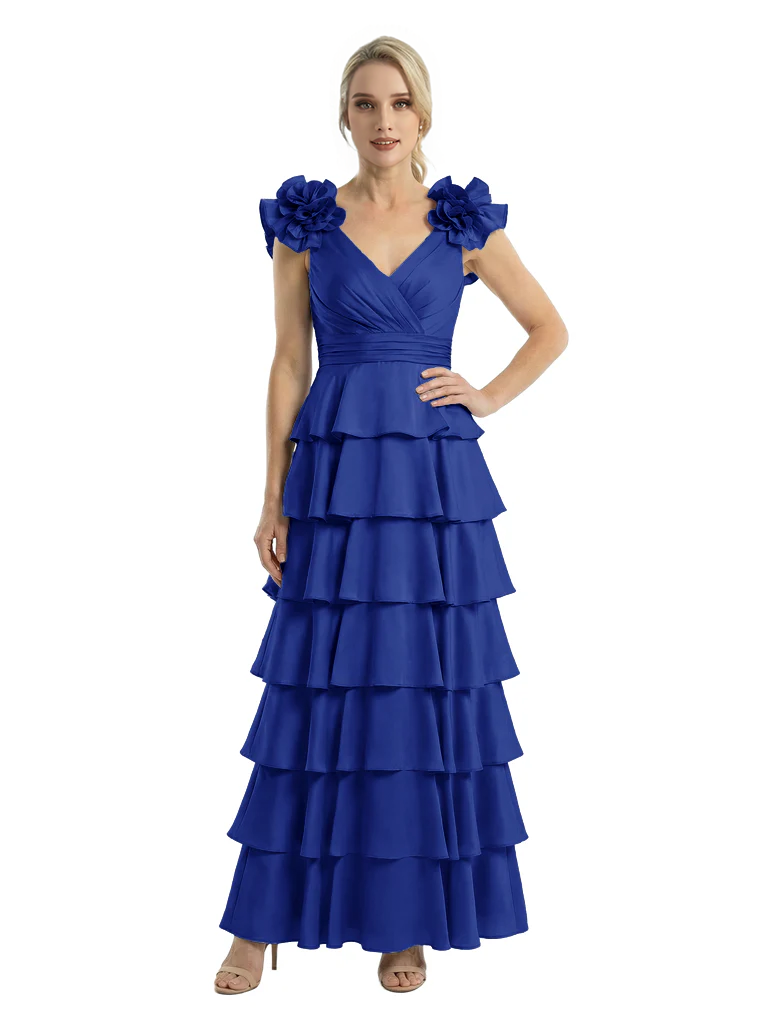 Mother of The Bride Dresses V-Neck Sleeveless Satin Tiered Maxi Gown Unique Flower Detailed Formal Wedding Event Attire