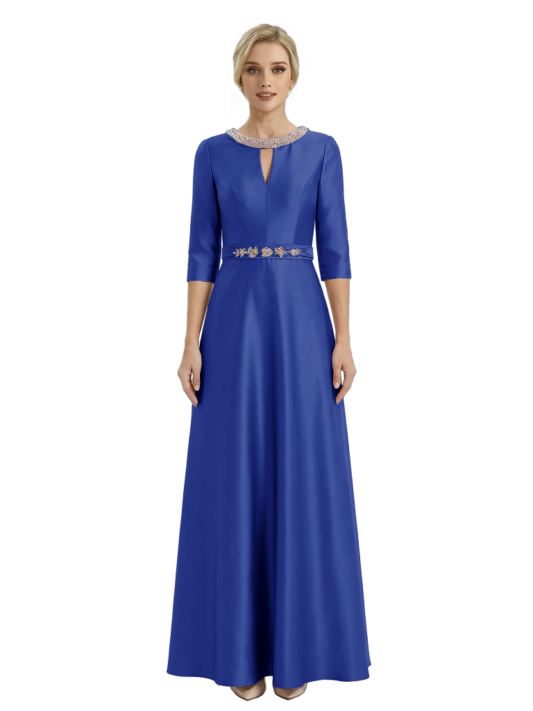 Sophisticated 3/4 Sleeves Beaded A-Line Satin Mother Of The Bride Dress