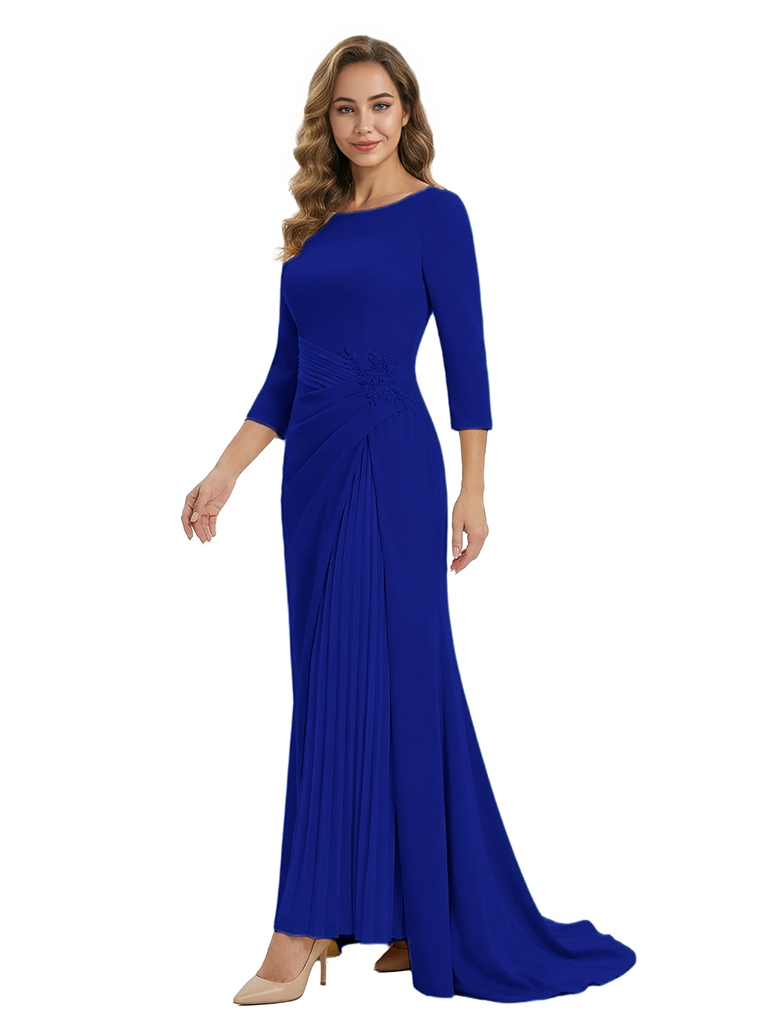 Mother of The Groom Dress Elegant Crew Scoop 3/4 Sleeve Crepe Maxi Gown Pleated Detail Classy Look