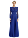 Mother of The Bride Dresses Scoop Long Sleeve Lace Chiffon Maxi Gown Pretty Embroidered Formal Wedding Event Attire