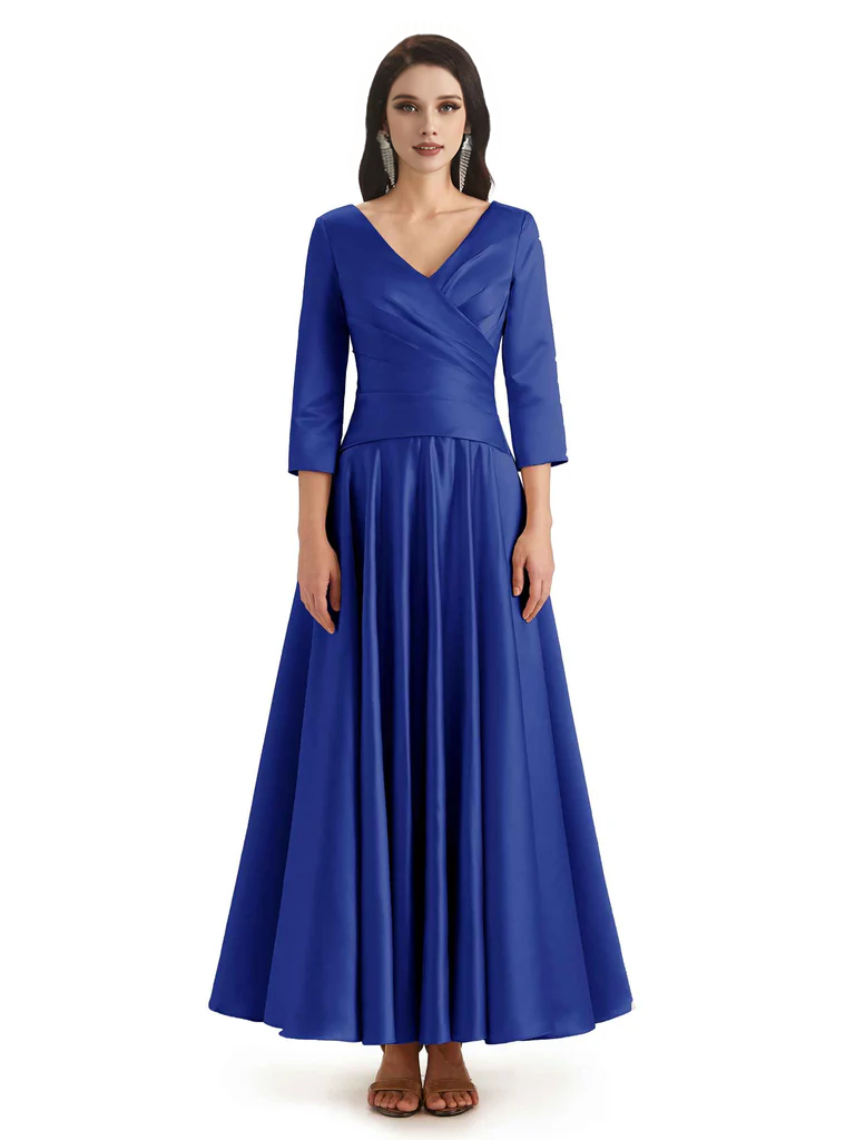 Elegant Soft Satin 3/4 Sleeves V-Neck Ankle Length Mother of The Bride Dresses