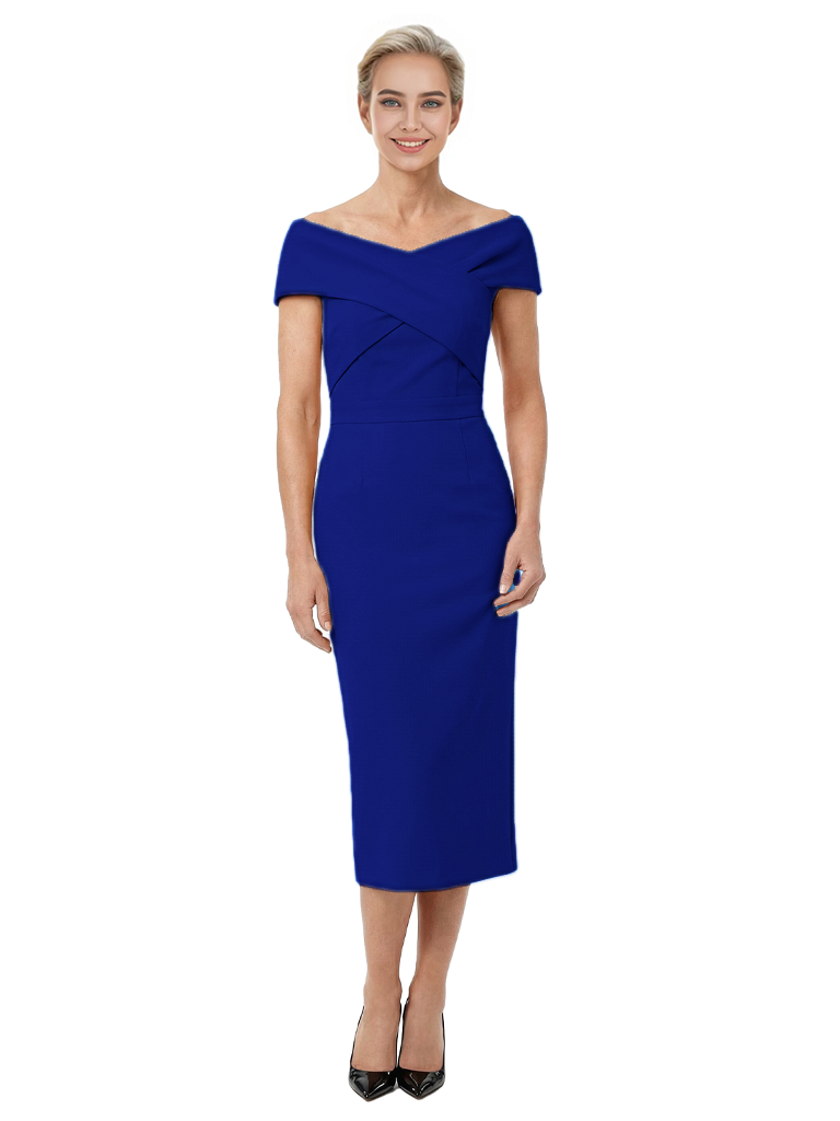 Mother of The Bride Dress Classy Off Shoulder Crepe Sheath Midi Gown Modern Wrap Detail