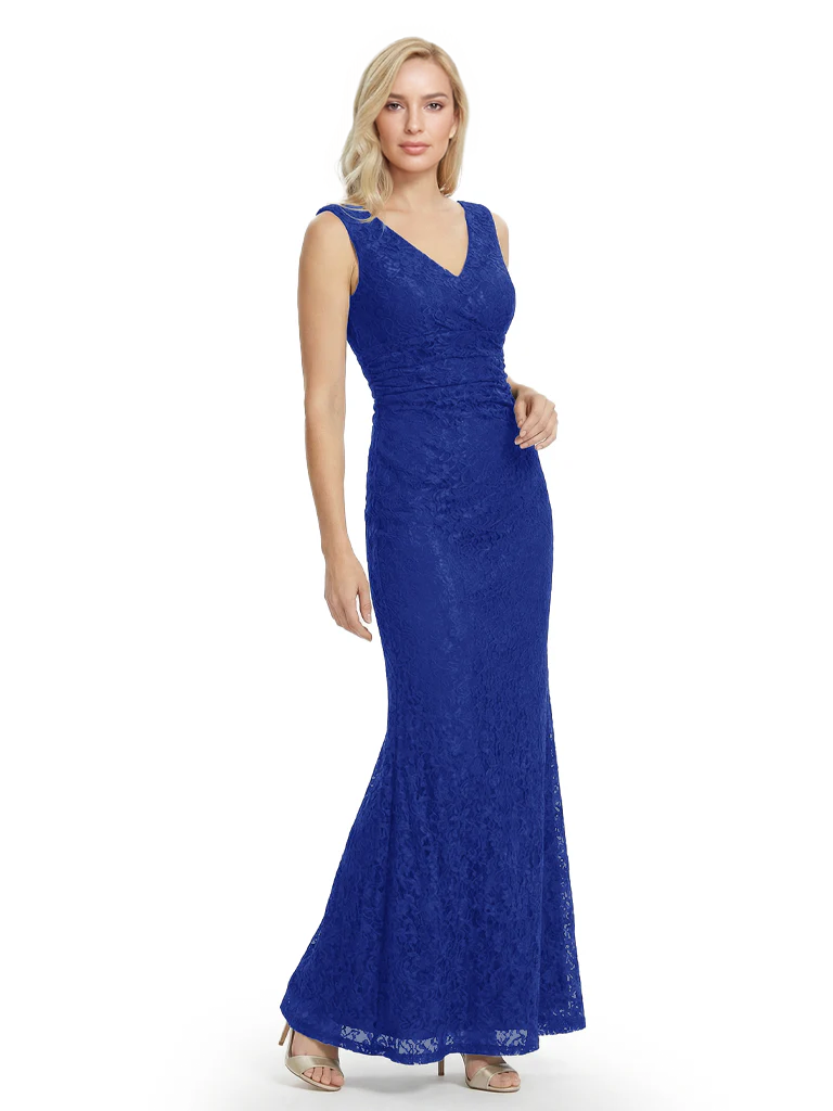 Mother of The Bride Dresses V-Neck Sleeveless Lace Mermaid Maxi Gown Elegant Flowy Formal Wedding Event Dress