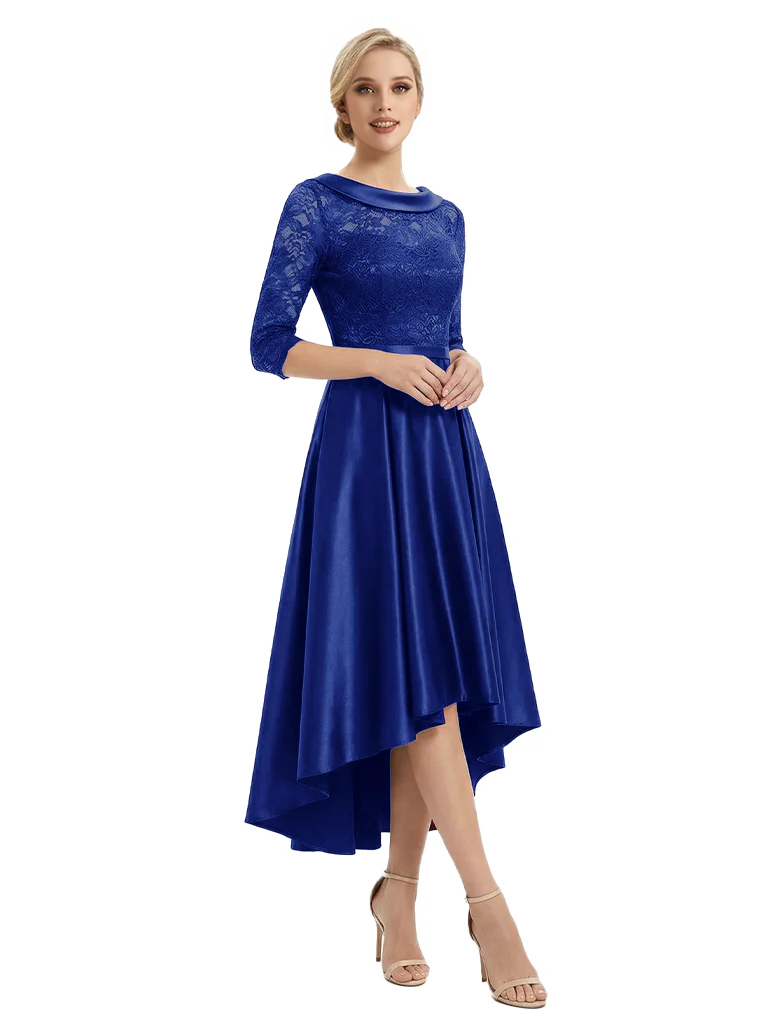 Elegant Boat Neck Satin Lace Mother Of The Bride Dresses High-Low A-Line Gowns