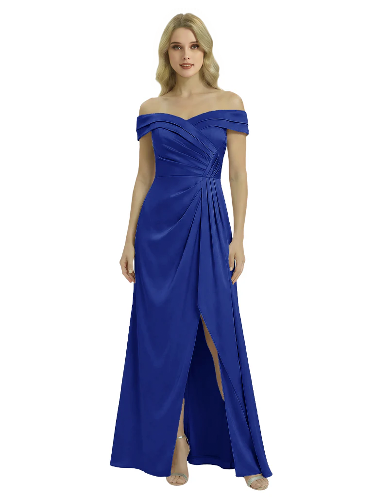 Off The Shoulder Mother Of The Groom Dresses Side Slit Satin Ruched A-Line Gown