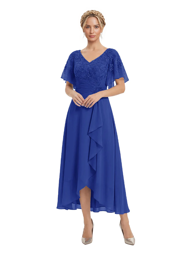 Unique Flutter Sleeves Lace Beaded Short Mother of the Groom Dresses