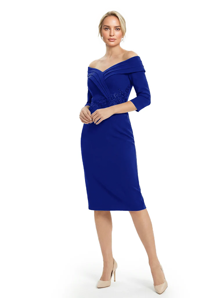 Mother of The Groom Dresses Off The Shoulder 3/4 Sleeve Satin Sheath Midi Dress Pretty Lace Detailed Formal Bridal Party Attire