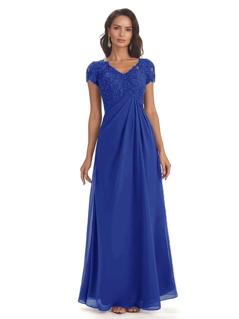 Elegant Short Sleeves Beaded Pleats A-line Floor-Length Mother of The Bride Dresses
