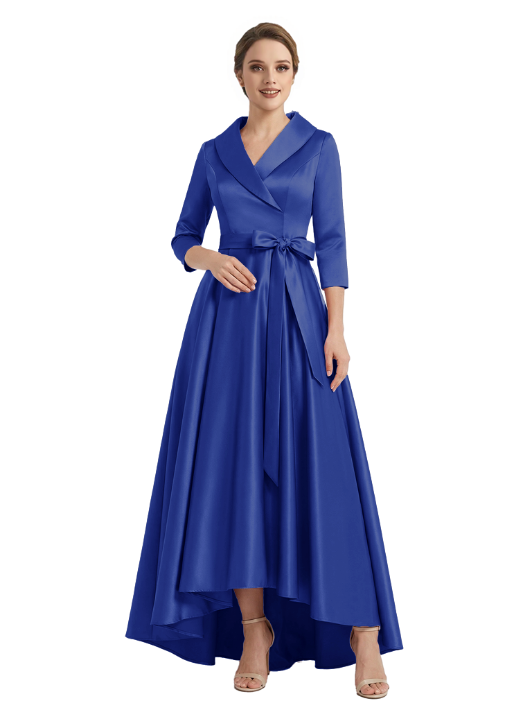 Modern High-Low 3/4 Sleeves Satin Mother Of The Bride Dress With Bow Knot