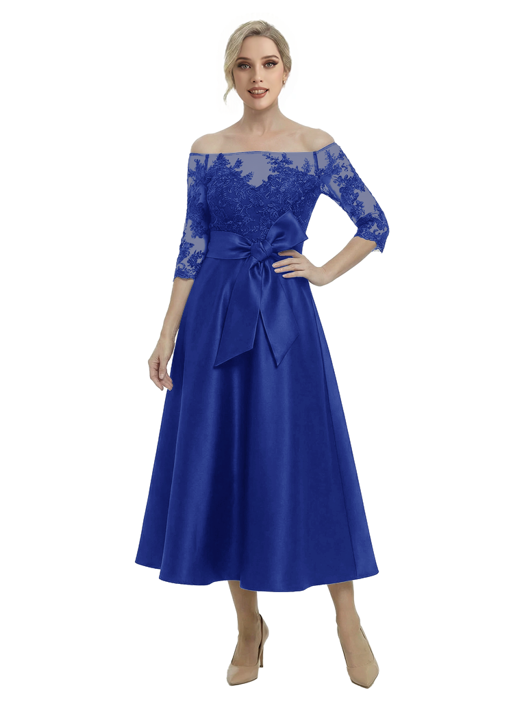 Unique Off Shoulder Tea-Length Satin Mother Of The Bride Dress With Lace Illusion